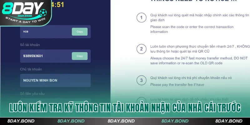 Luôn kiểm tra kỹ thông tin tài khoản nhận tiền của nhà cái trước